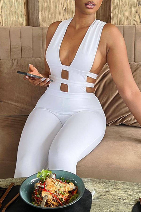 Sexy Slim Fit Sleeveless Deep V Neck Hollow Solid Color Jumpsuits
