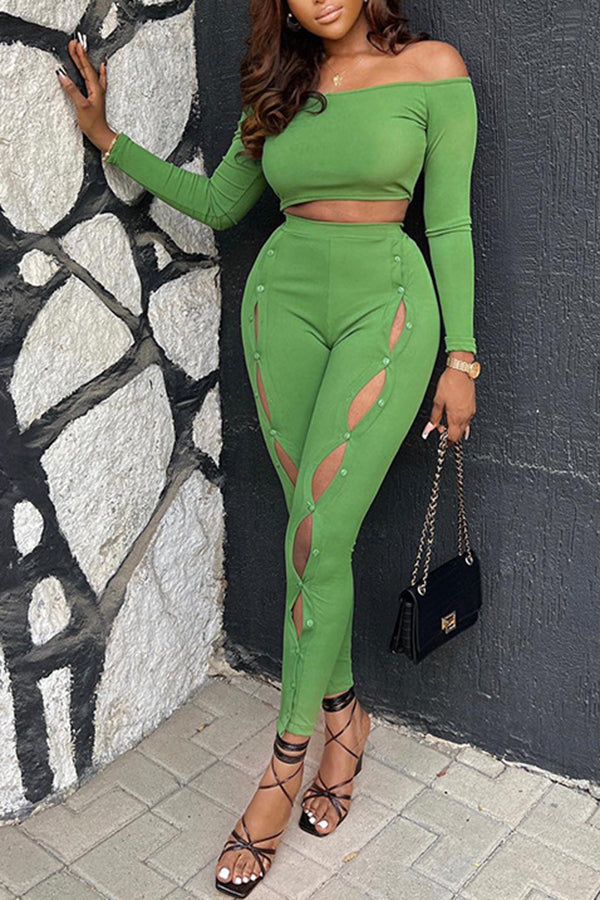 Sexy Off Shoulder Solid Color Long Sleeve Short Top Hollow Pant Suits