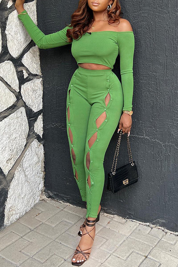 Sexy Off Shoulder Solid Color Long Sleeve Short Top Hollow Pant Suits