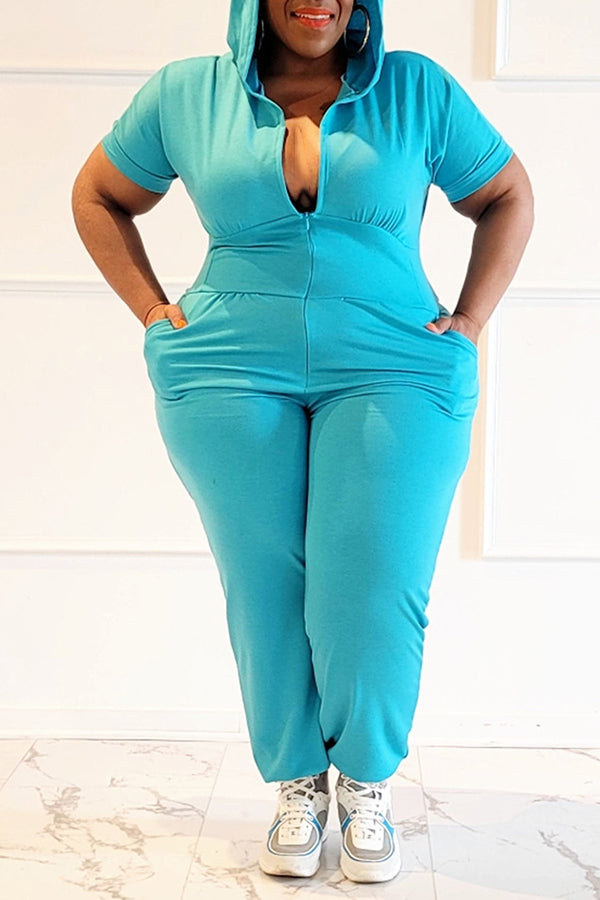 Casual Solid Color Short Sleeve Zip Plus Size Hooded Jumpsuits