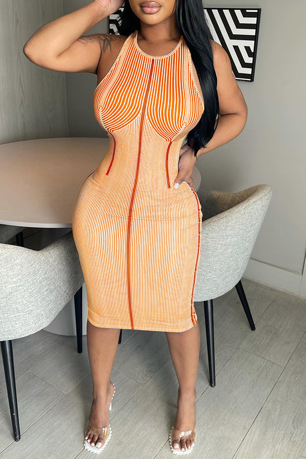 Sexy Slim Fit Sleeveless Round Neck Stripe Print Midi Dress