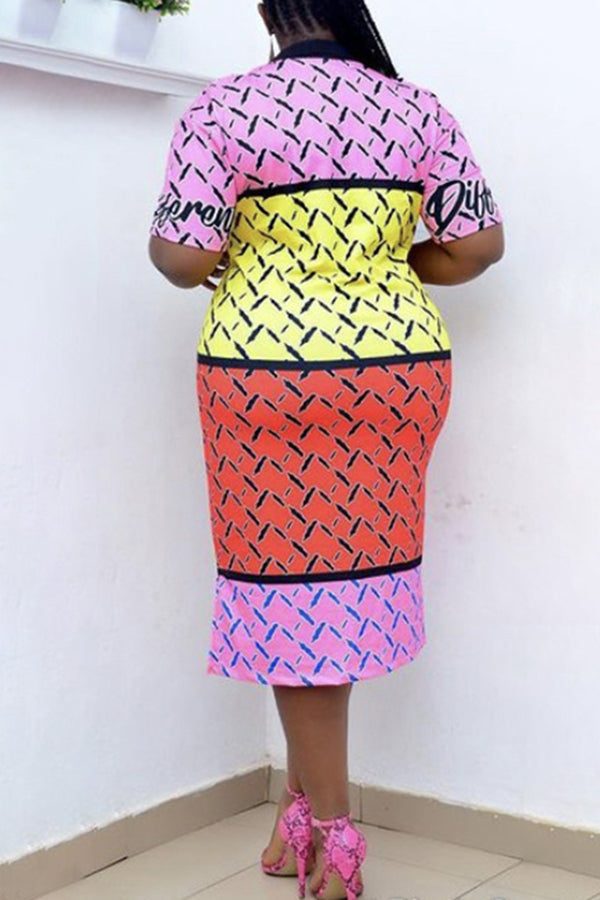 Fashion Cartoon Print Short Sleeve Polo Neck Midi Dress