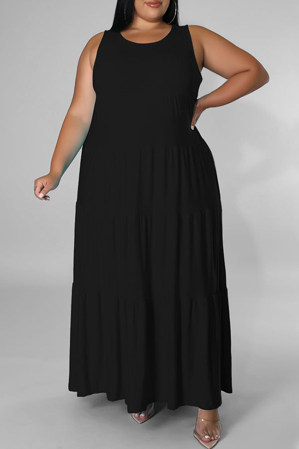 Comfortble Solid Color Sleeveless Round Neck Plus Size Maxi Dress