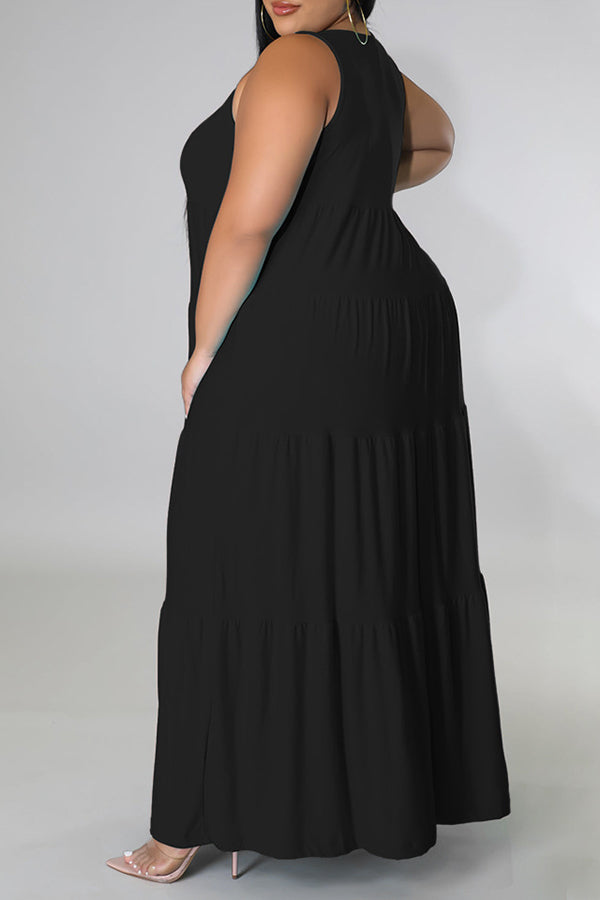Comfortble Solid Color Sleeveless Round Neck Plus Size Maxi Dress