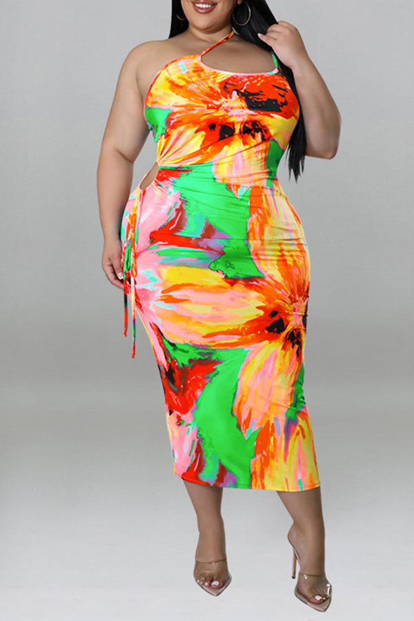 Colorful Flower Print Hollow Backless Plus Size Sling Midi Dress