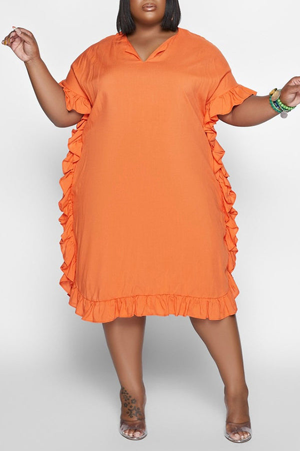 Casual Solid Color Short Sleeve Ruffle Plus Size Midi Dress