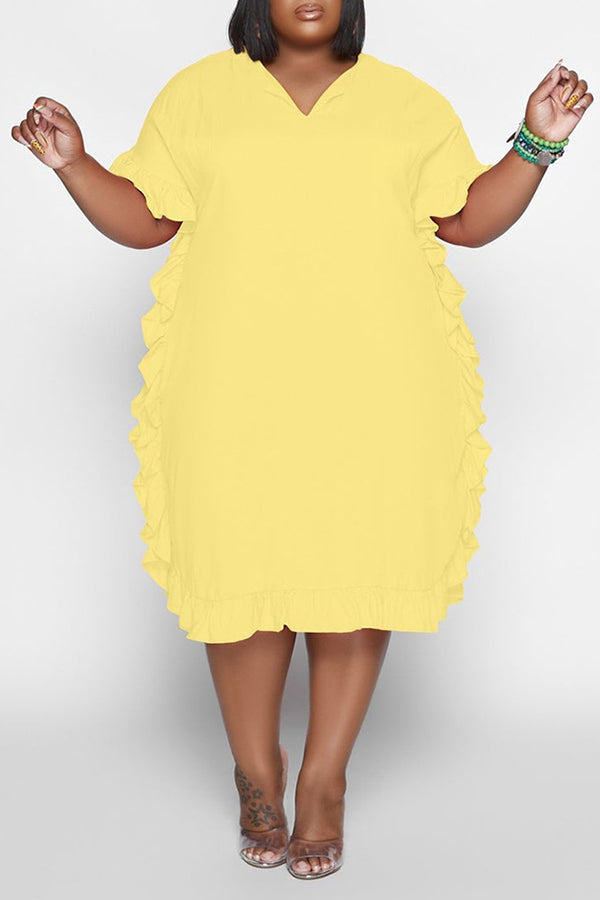 Casual Solid Color Short Sleeve Ruffle Plus Size Midi Dress