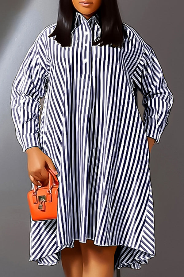 Fashion Stripe Long Sleeve Loose Midi Shirt Dress