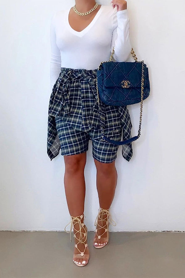 On-trend High Waist Knotted Plaid Loose Shorts