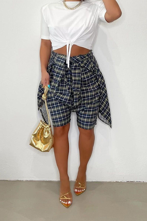On-trend High Waist Knotted Plaid Loose Shorts