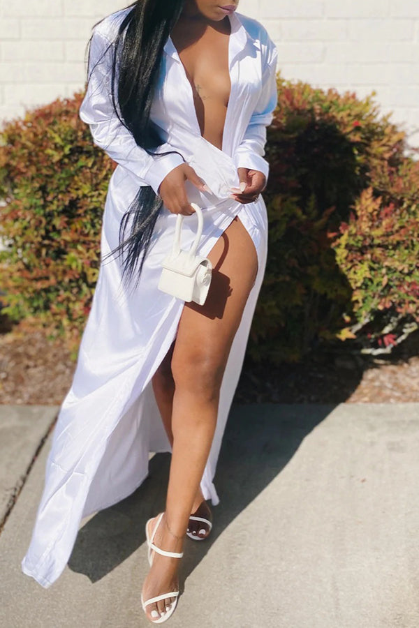 Sexy Solid Color Long Sleeve High Slit Button Shirt Maxi Dress