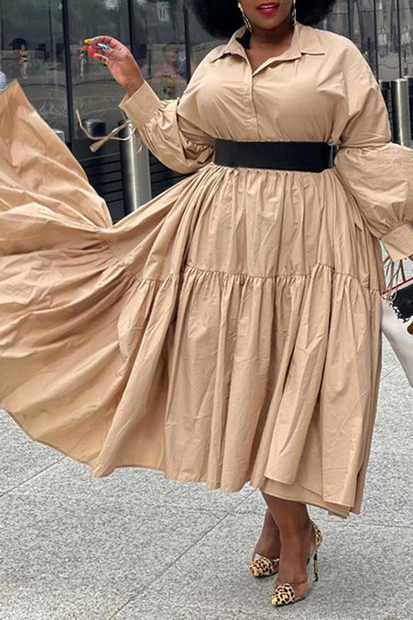 Fashion Plus Size Solid Color Long Sleeve Shirt Collar Loose Maxi Dress