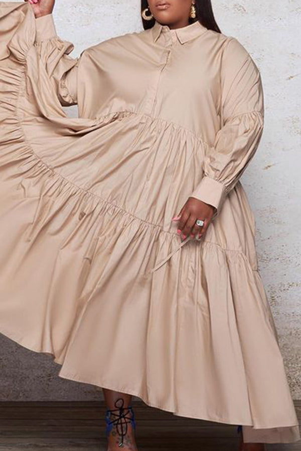 Fashion Plus Size Solid Color Long Sleeve Shirt Collar Loose Maxi Dress
