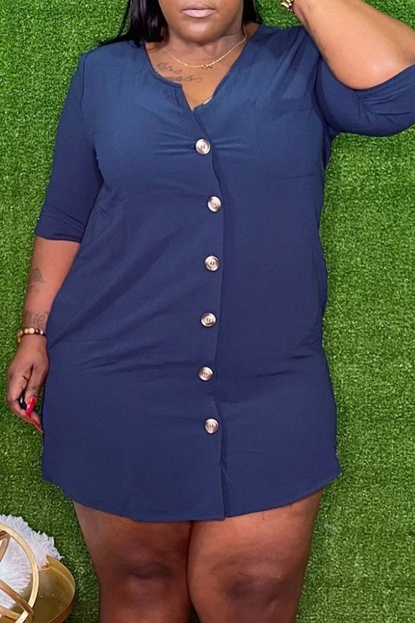 Simple Solid Color 3/4 Length Sleeve Single Breasted Plus Size Mini Dress