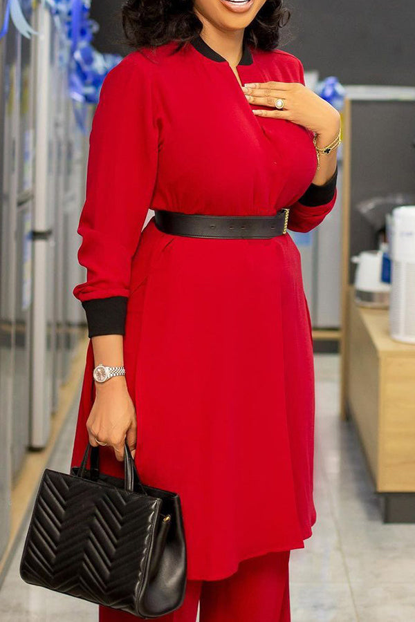 Commuter V-neck Long Sleeve Two Piece Midi Shirt Pant Suits (Without Belt)
