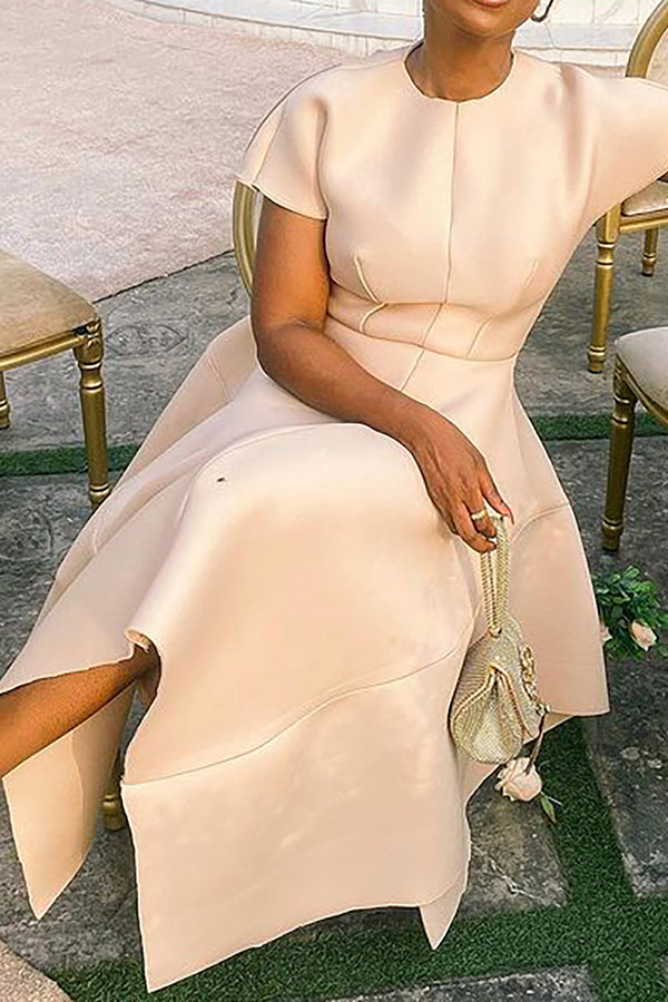 Elegant Solid Color Short Sleeve Irregular A-Line Midi Dress