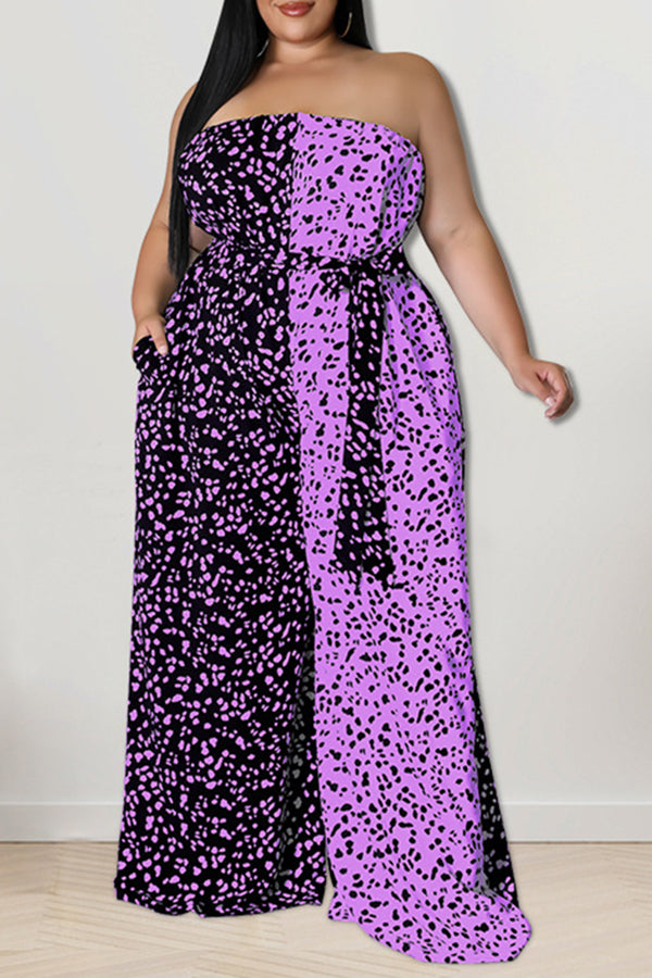 Fashion Polka Dot Print Bandeau Lace-Up Plus Size Jumpsuits