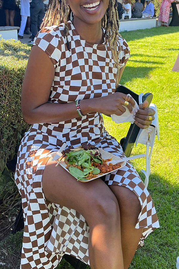 Fashion Slim Fit Short Sleeve Checkerboard Print Slit Maxi Dress