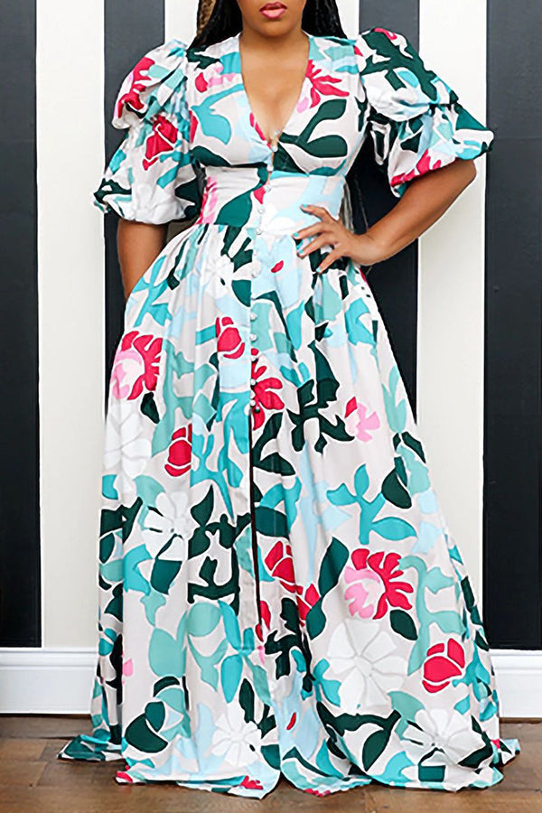 Fashion Print Puff Sleeve V-neck High Slit Maxi Dress