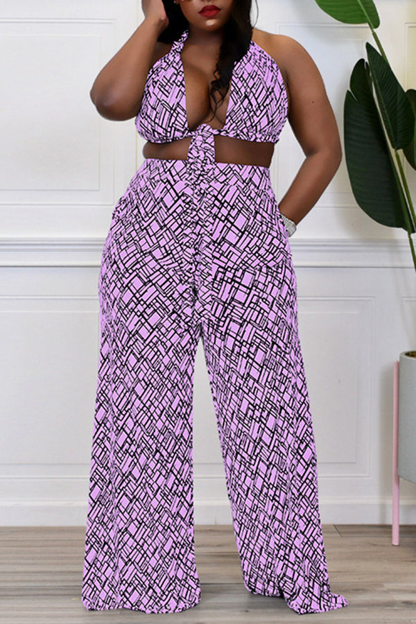 Sexy Plus Size Print Lace-Up Backless Top Wide Leg Pant Suits