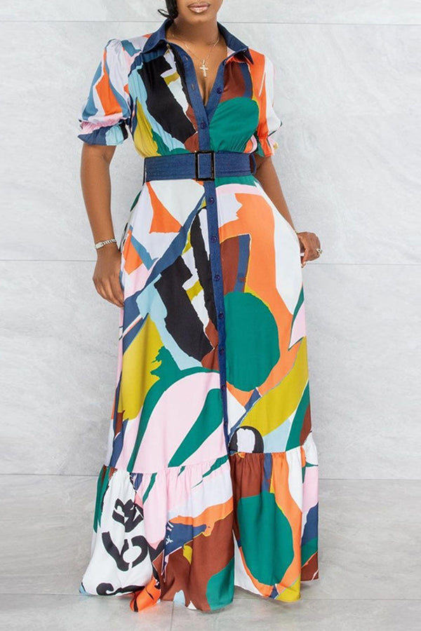 Fashion Color Block Print Short Sleeve Single Breasted Belt Maxi Dress