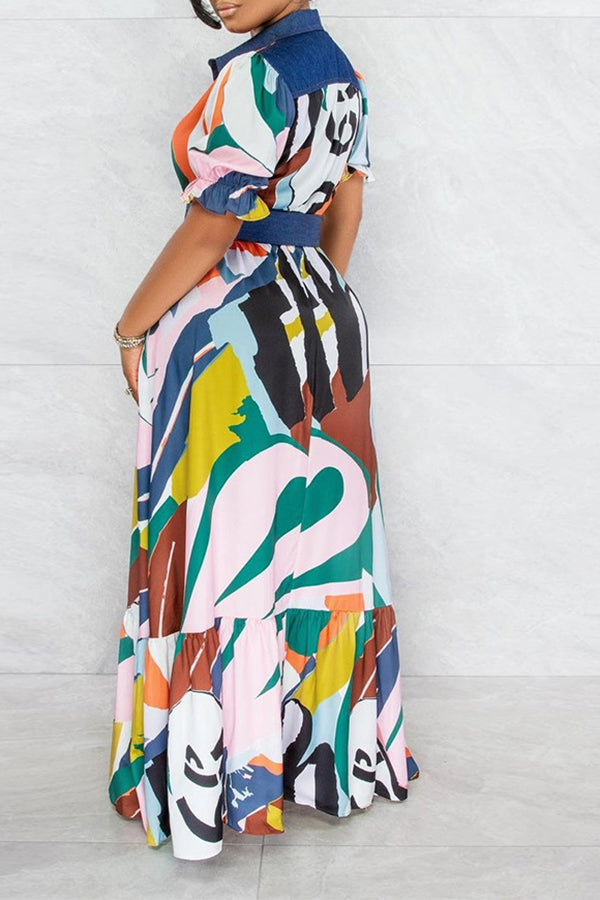 Fashion Color Block Print Short Sleeve Single Breasted Belt Maxi Dress