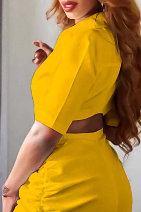 Fashion Solid Color Short Sleeve Waist Cutout Shirt Maxi Dress