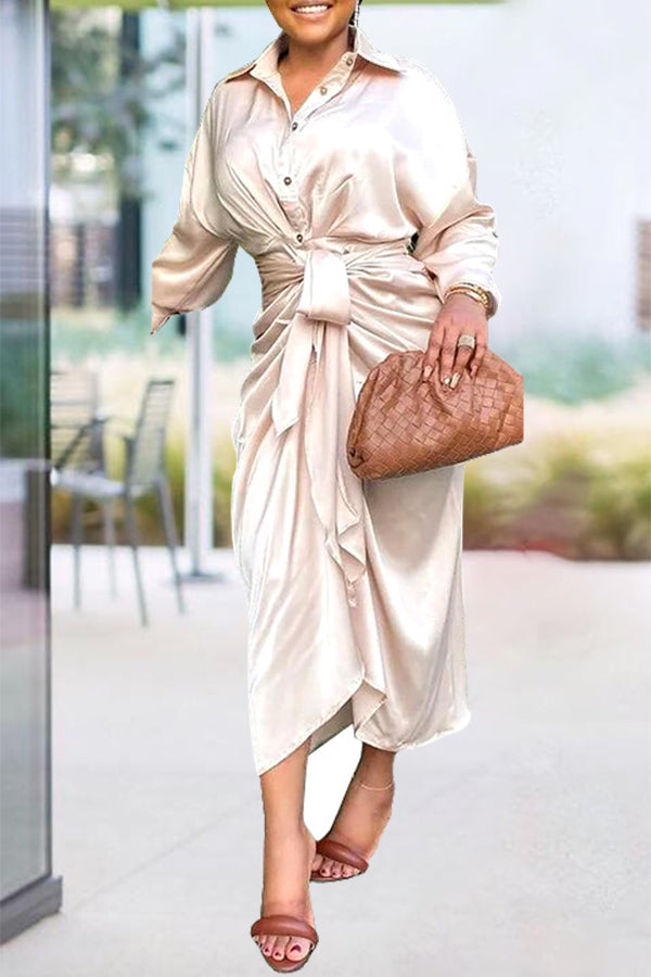 Temperament Solid Color Satin  Long Sleeve Knotted Maxi Dress