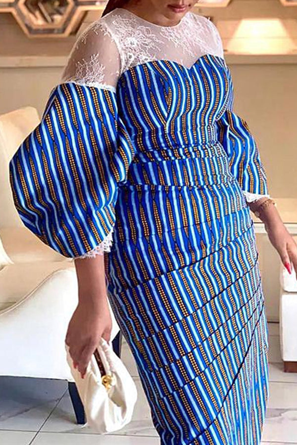 Elegant Lace Stitching Stripe Puff Sleeve Plus Size Maxi Dress