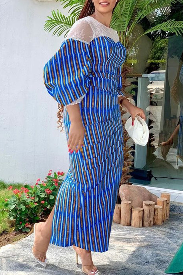 Elegant Lace Stitching Stripe Puff Sleeve Plus Size Maxi Dress