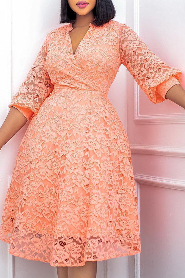 Elegant Solid Color V-neck Half Sleeve A-Line Lace Midi Dress