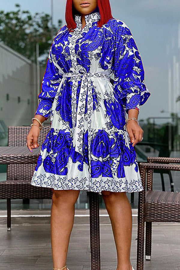 Fashion Luxurious Print Long Sleeve Lace-Up Midi Dress