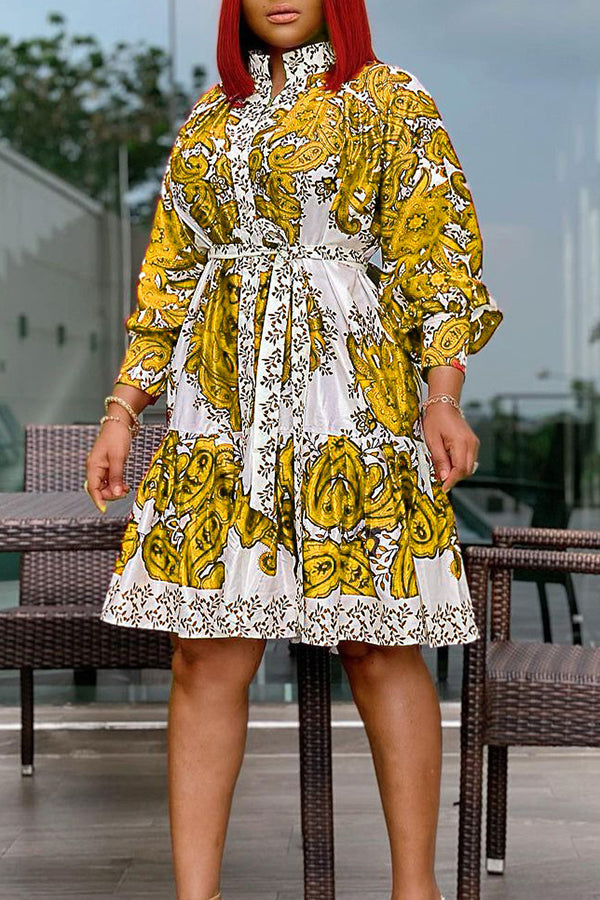Fashion Luxurious Print Long Sleeve Lace-Up Midi Dress