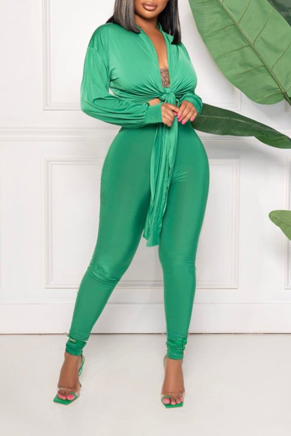 Fashion Solid Color Long Sleeve Knotted Top High Waist Pant Suits