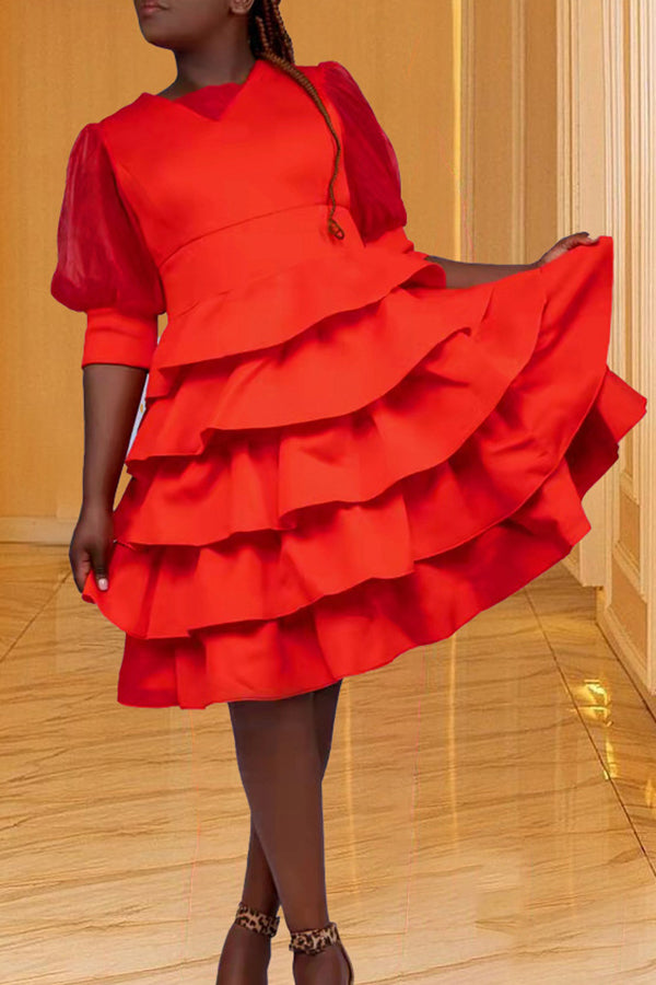 Fashion Solid Color Mesh Stitching Half Sleeve Ruffle Midi Dress