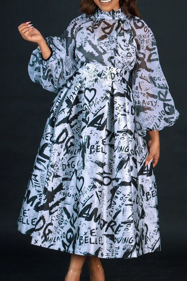 Fashion Print Long Sleeve Pleasted A-Line Maxi Dress
