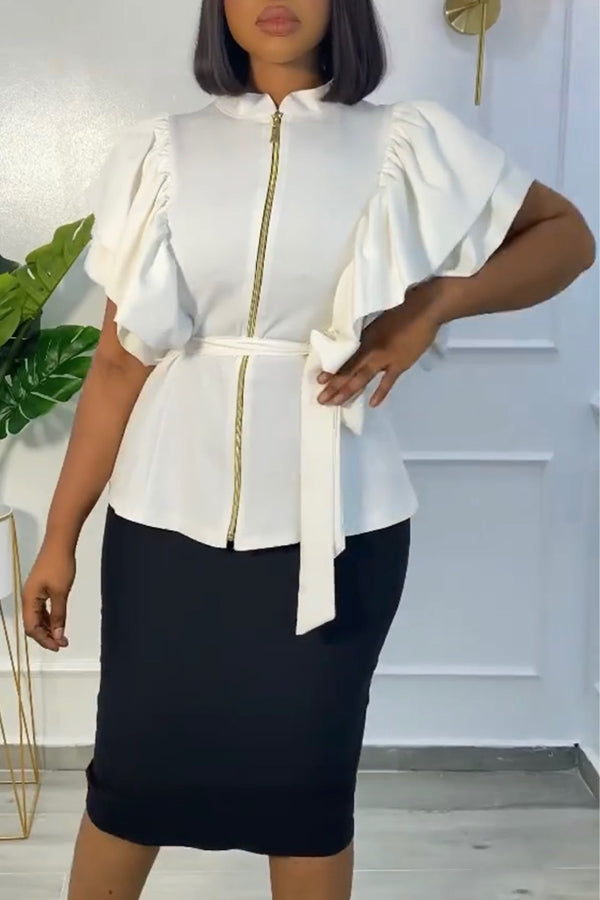 Commuter Zipper Ruffle Short Sleeve Lace-Up Top Midi Skirt Suits