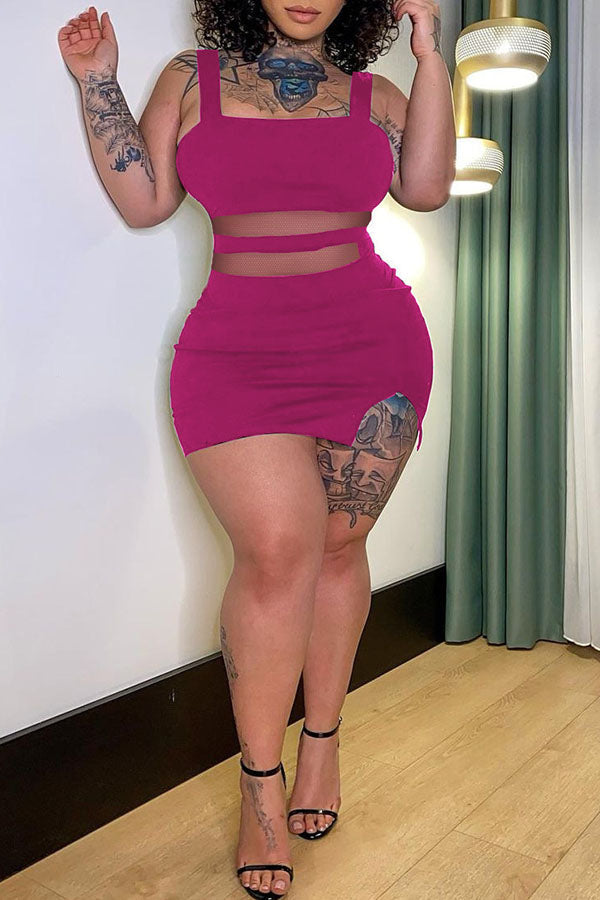 Sexy Solid Color Sleeveless Slim Fit Mesh Paneled Plus Size Mini Dress