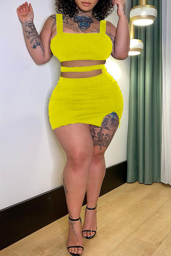 Sexy Solid Color Sleeveless Slim Fit Mesh Paneled Plus Size Mini Dress