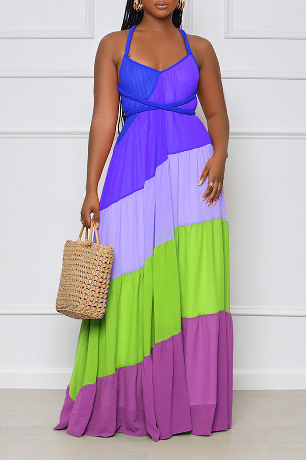 Colorful Print Sleeveless Lace-Up Backless Maxi Dress