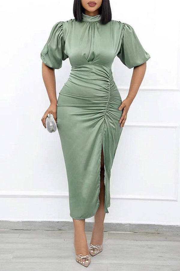 Temperament Short Sleeve Satin Solid Color Slim Fit Maxi Dress