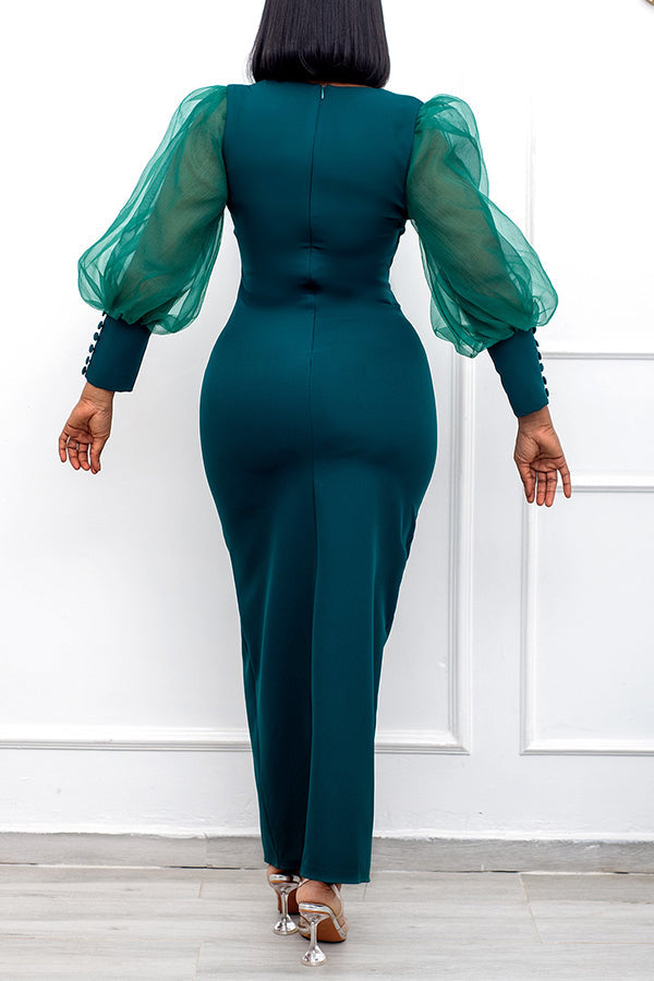 Elegant Mesh Stitching Long Sleeve V-Neck Single Breasted Maxi Dress