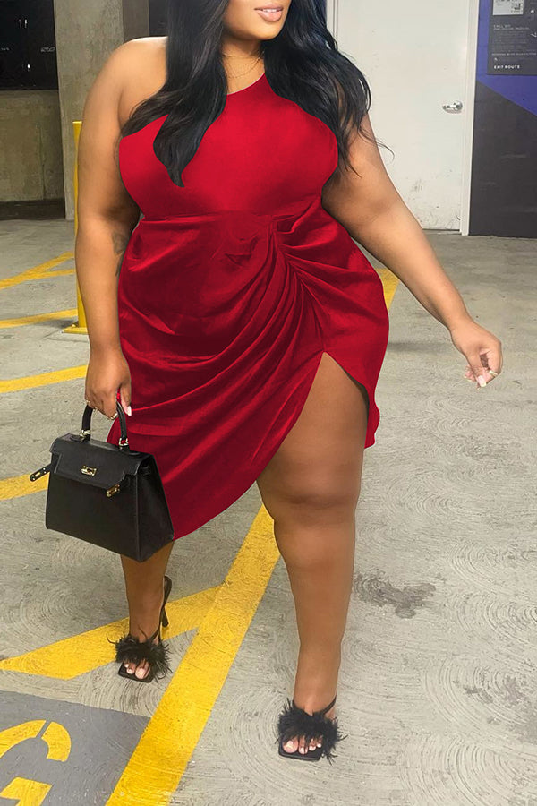 Sexy Sleeveless One Shoulder Pleated Solid Color Plus Size Midi Dress