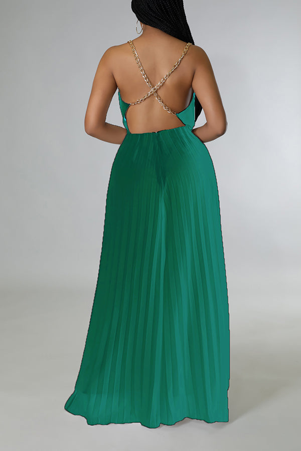 Glamorous Solid Color Pleated Backless Chain Sling Jumpsuits