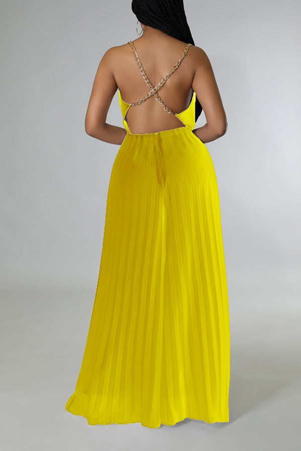 Glamorous Solid Color Pleated Backless Chain Sling Jumpsuits