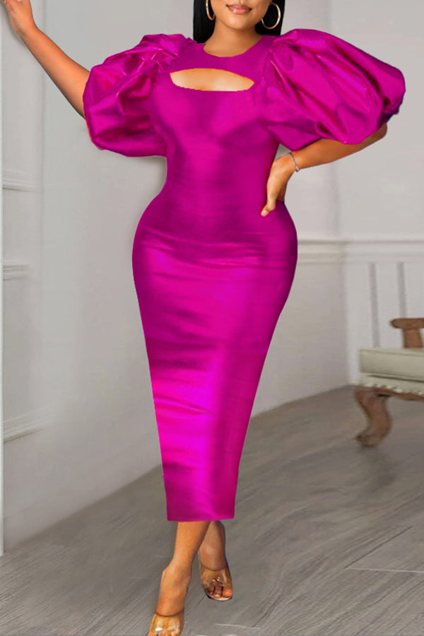 Elegant Solid Color Ballon Sleeve Cutout Slim Fit Plus Size Maxi Dress