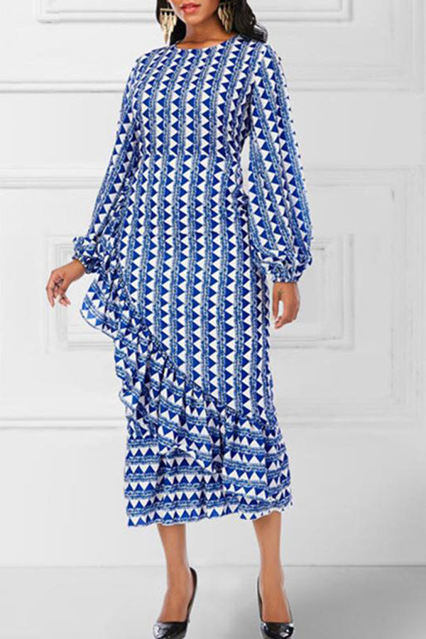 Pretty Print Long Sleeve Round Neck Irregular Ruffle Maxi Dress