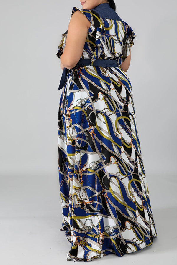 Fashion Plus Size Print Sleeve Single Breasted Lace-Up Shirt Collar Maxi Dress