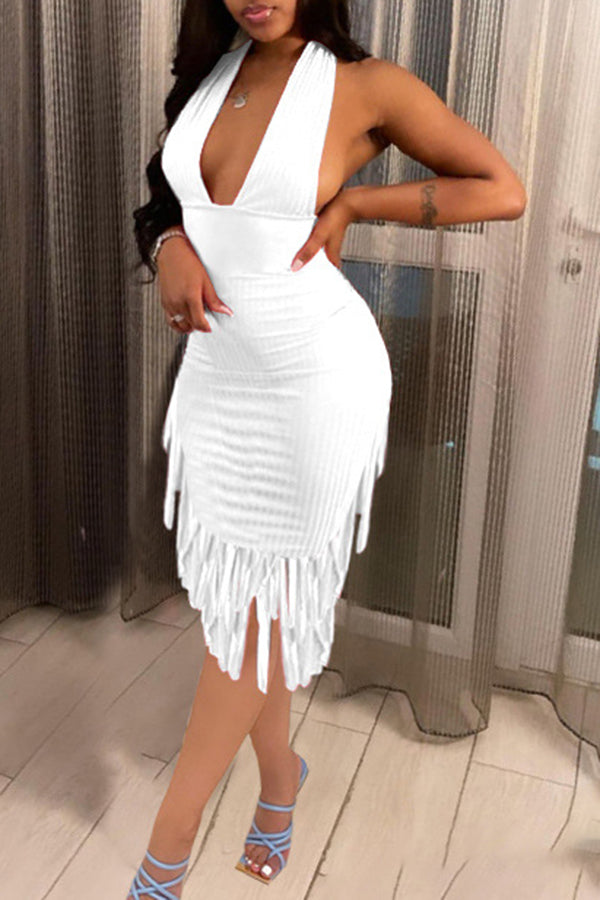 Sexy Solid Color Sleeveless V-Neck Tassels Backless Midi Dress