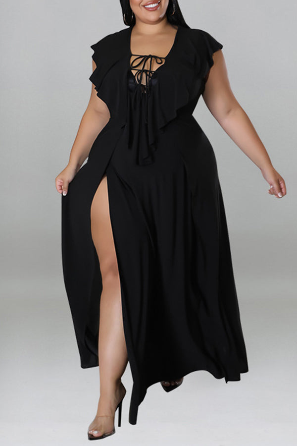 Sexy Solid Color Ruffle Lace-Up Neck High Slit Plus Size Maxi Dress